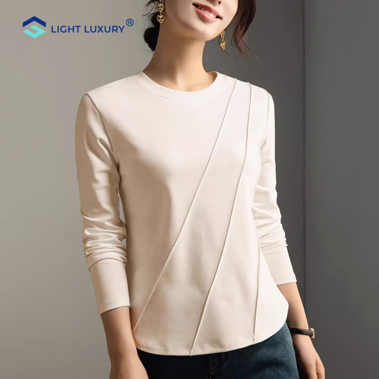 正肩长袖t恤女春秋季新款透气吸汗长绒棉大码显廋圆领打底衫上衣