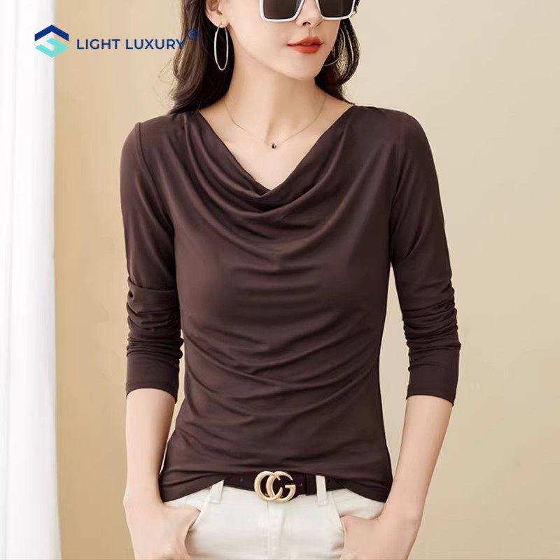 美拉德面膜t恤女打底衫长袖垂感透气薄款小衫显瘦堆堆荡领上衣