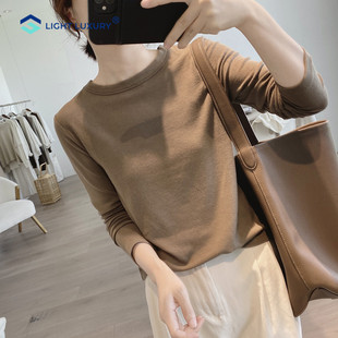 咖色磨毛加厚打底衫女欧货修身简约短款内搭高级纯色圆领长袖t恤