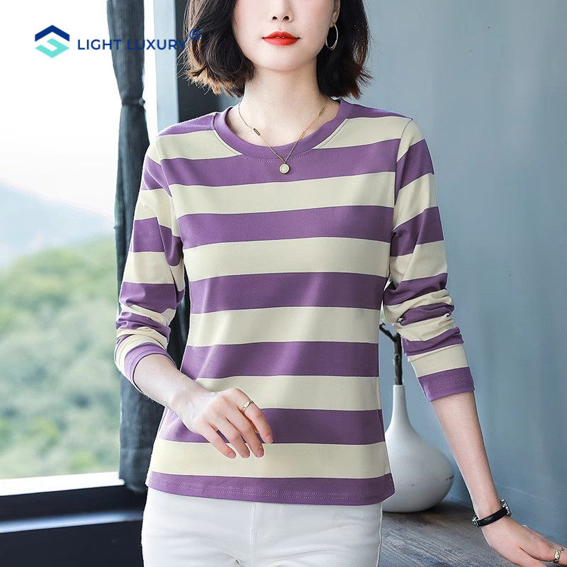 条纹长袖T恤女秋季新款韩版内搭宽松显瘦打底衫时尚百搭外穿上衣