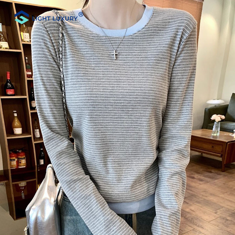 条纹撞色长袖T恤女小个子短款