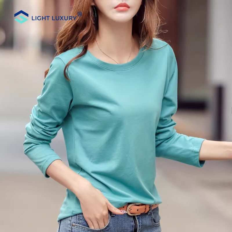 湖蓝色长袖t恤女纯棉2026新款内搭外穿体恤纯色宽松打底衫上衣