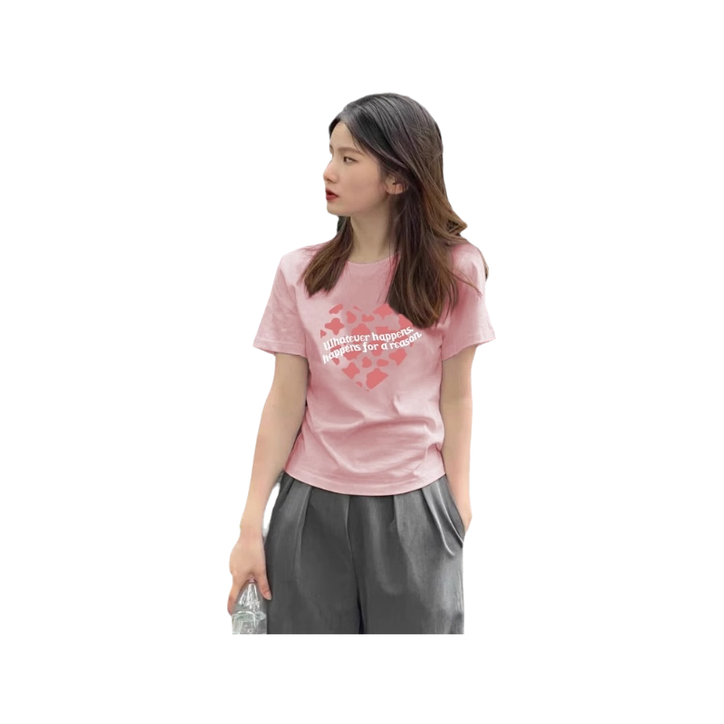 短袖t恤女浅粉色女士正肩纯棉欧货女装夏装2024新款修身上衣体恤