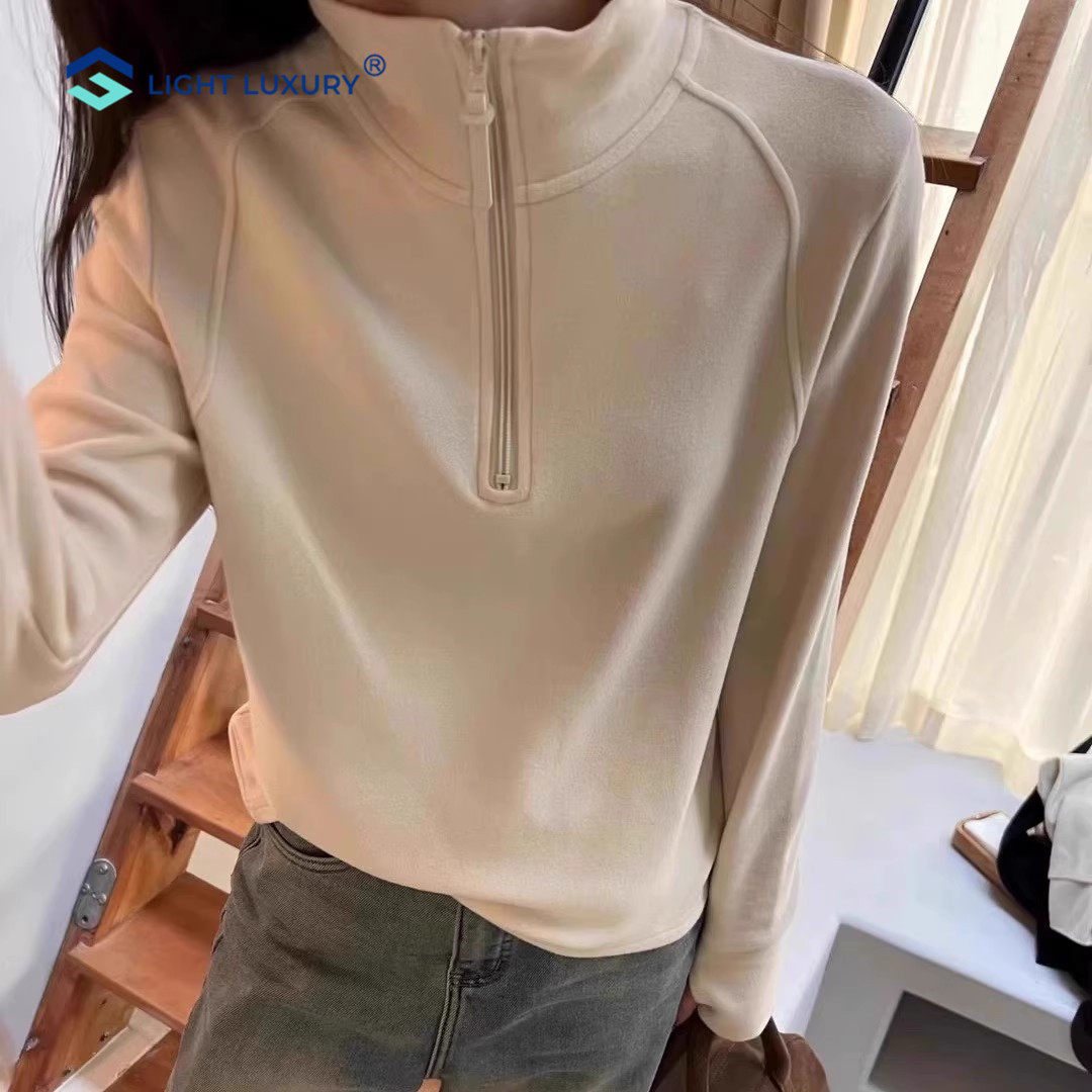 双面德绒立领打底衫女内搭秋冬洋气设计长袖卫衣半拉链杏色上衣