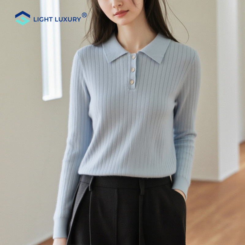 POLO领纯山羊绒衫女秋冬新款修身针织打底衫翻领宽松蓝色毛衣