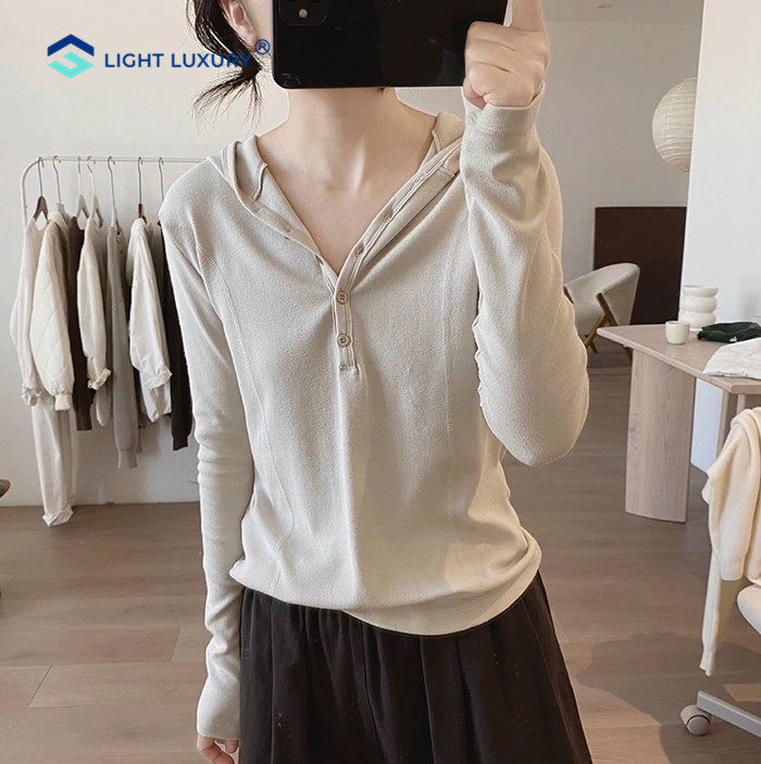 连帽长袖T恤女纯色正肩欧货