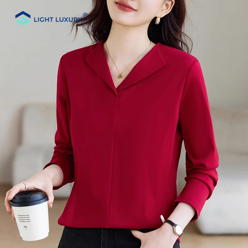 v领长袖t恤女正肩翻领显瘦减龄