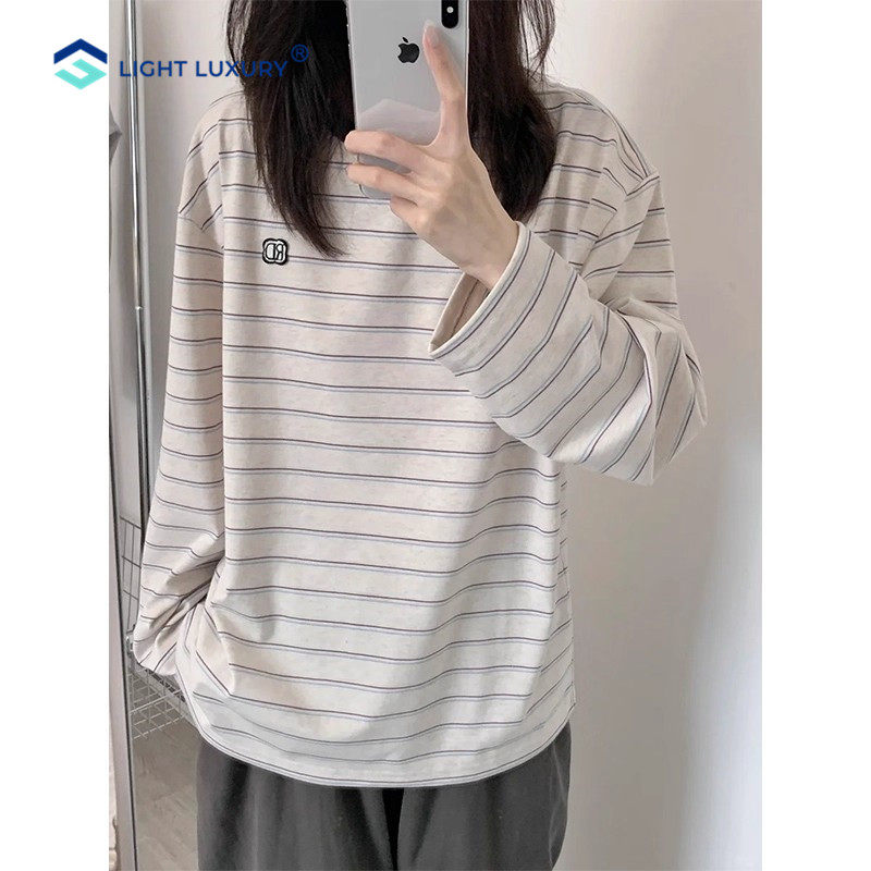 日系复古条纹打底衫女小个子减龄拼色设计长袖t恤宽松落肩上衣
