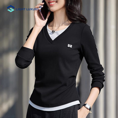 假两件长袖T恤女抽褶收腰设计感