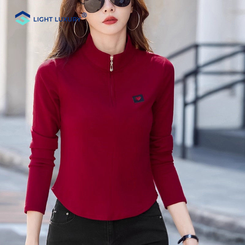 「纯棉」新年红色长袖打底衫女立领拉链T恤显瘦内搭磨毛加厚上衣