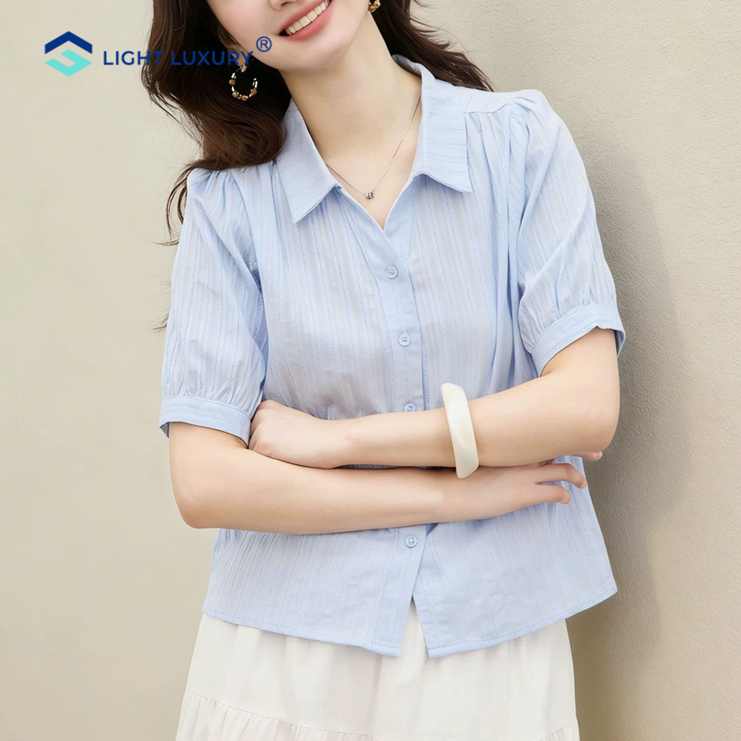 蓝色V领短袖衬衫女亲肤POLO上衣
