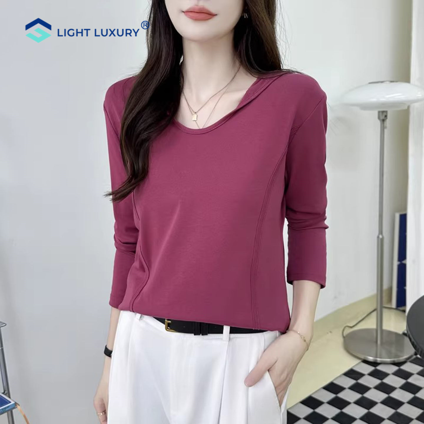 玫红色长袖T恤女别致设计感休闲