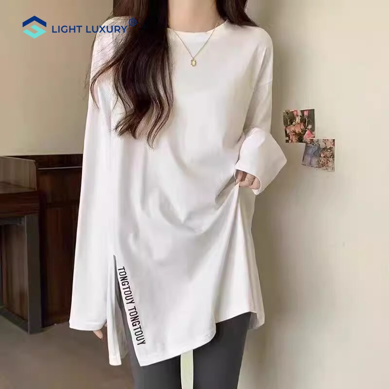 白色长袖t恤女中长款高端轻奢