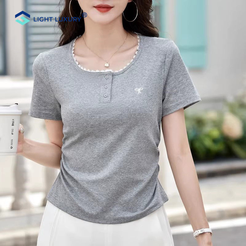 蕾丝花边短袖t恤女2026超火减龄上衣灰色收腰短款正肩体恤内搭