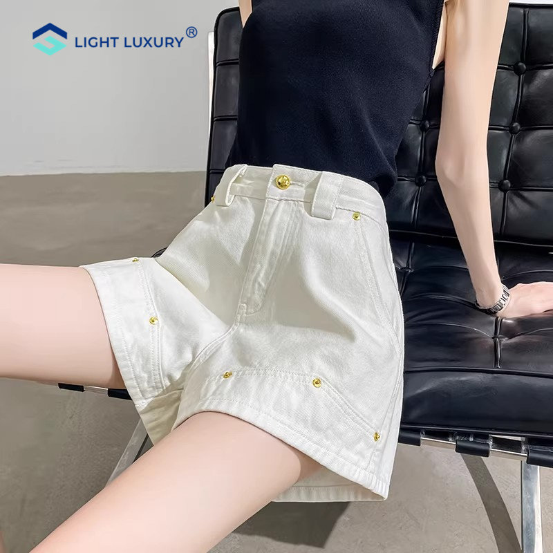 白色牛仔短裤女夏季薄款外穿宽松显瘦阔腿裤高腰铆钉设计a字裤子