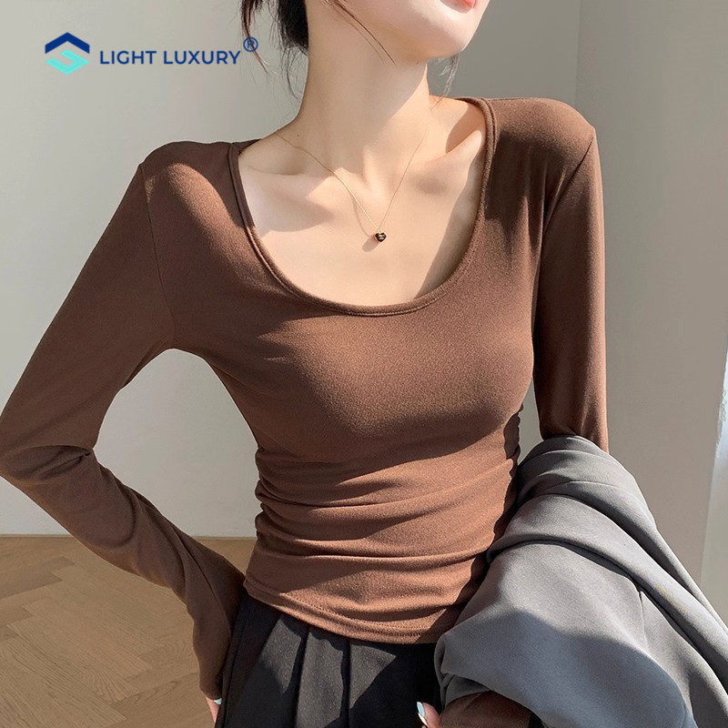 磨毛打底衫女U领内搭收腰修身