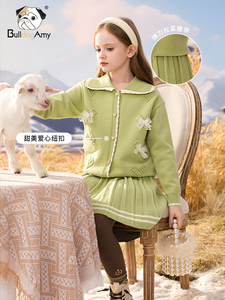 新款童装针织套装绿色花朵2023冬季半身裙两件套开衫毛衣外套女童
