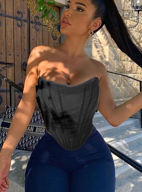 Fishbone fishbone mesh vest short top t-shirt鱼骨网纱胸衣女