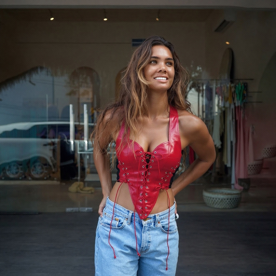 Women's leather lace up irregular patchwork vest女拼接背心