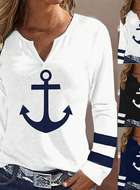 Women's long sleeved V-neck boat anchor printed T-shirt top