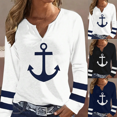 Women's long sleeved V-neck boat anchor printed T-shirt top