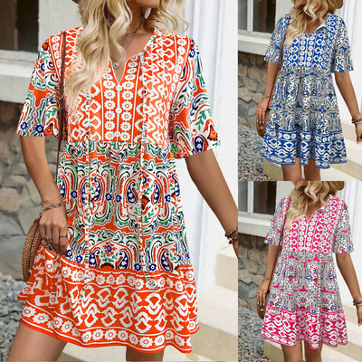 Women V-neck dress Bohemian short skirt女连衣裙波西米亚短裙