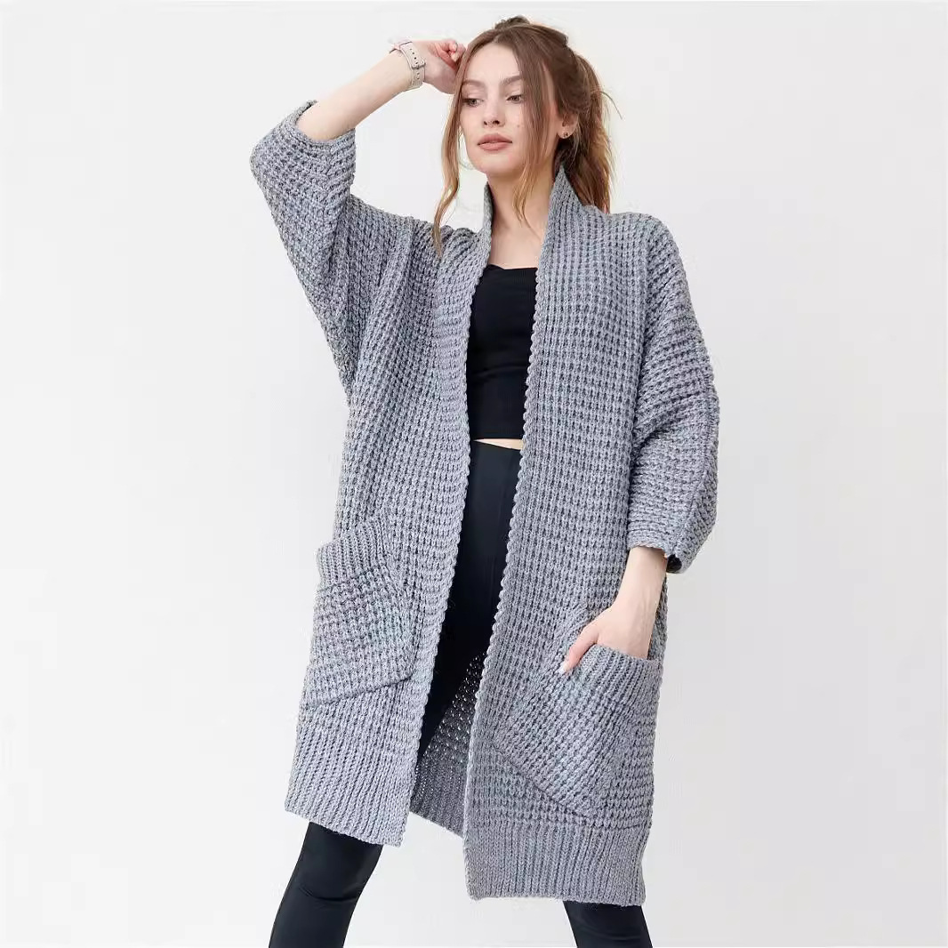 Women's V-neck pocket long sweater jacket女V领斜口袋长款毛衣