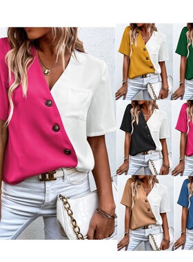 Women's V-neck short sleeved contrasting shirt女v领短袖衬衣