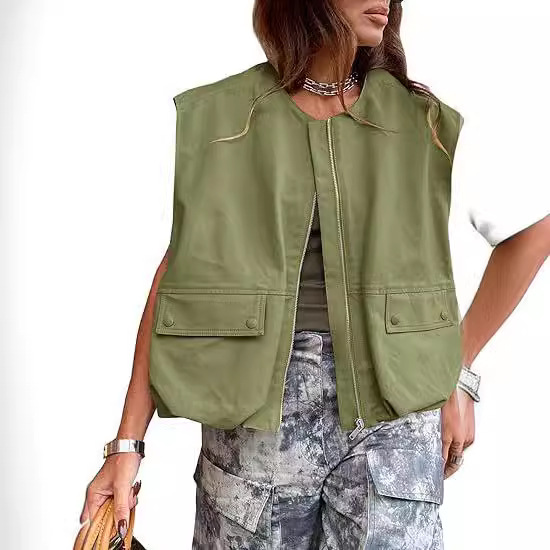 Women's sleeveless pocket loose vest zipper jacket拉链女马甲