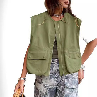 Women's sleeveless pocket loose vest zipper jacket拉链女马甲