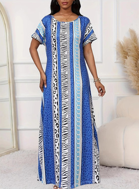 Women plus size printed long skirt short sleeved dress连衣裙