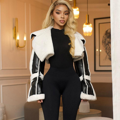 Women retro leather patchwork jacket女冬复古皮革拼接长袖外套