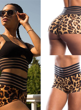 Women's leopard print patchwork striped hip lifting shorts