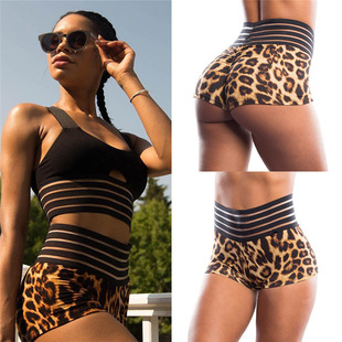 Women's leopard print patchwork striped hip lifting shorts