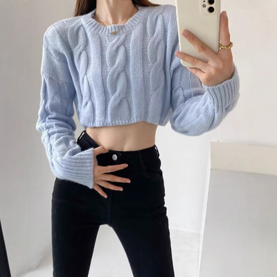 Women's short crop top sweater with exposed navel女短款毛衣