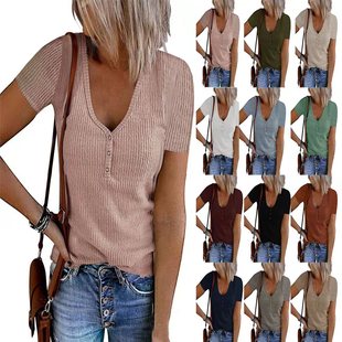 neck shirt threaded sleeved short color solid Women