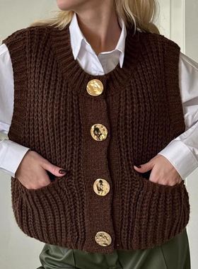 Women's sleeveless round neck knitted vest sweater女针织马甲