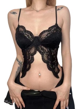 Butterfly Shape Lace Black Goth Crop Top Women Tanks Camis