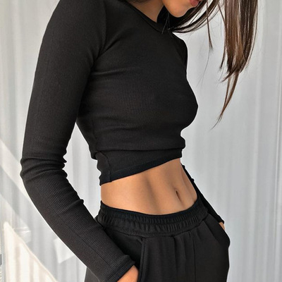 Women Ribbed Cropped Tops Black Casual Skinny Slim长袖T恤女