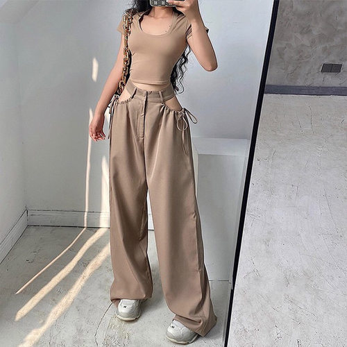 Casual Pants Women Hollow Out Chic Vintage Bandage Streetwea