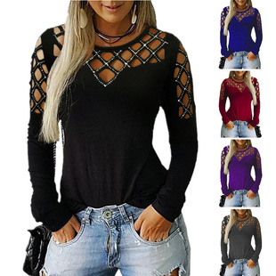 Women hollowed out rhinestone long sleeves女秋冬长袖T恤上衣