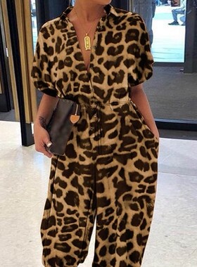 V-Neck Button Lace-Up Jumpsuit Summer Leopard Print Pocket