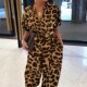 Pocket Lace Neck Summer Button Jumpsuit Print Leopard