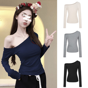long base女T恤 slim shirt sleeved shoulder off fit Women