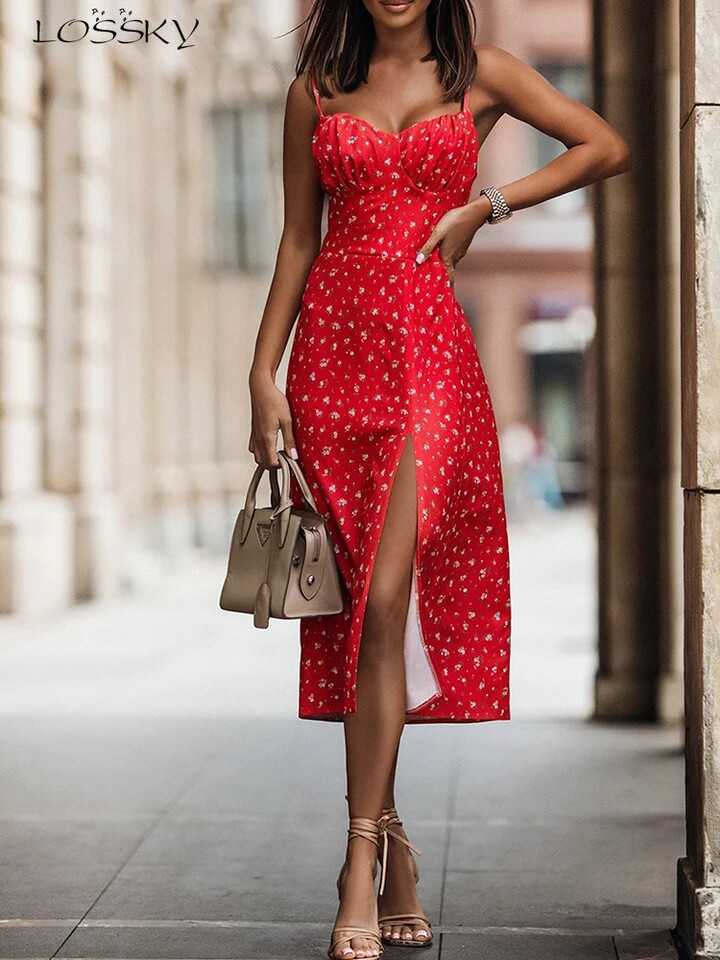 Women Floral Print Backless Beach Sundress Casual Slim Dress