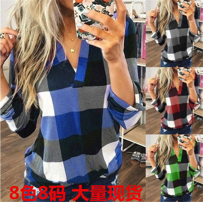 Women's checkered V-neck long sleeved shirt女衬衣格子印花v领