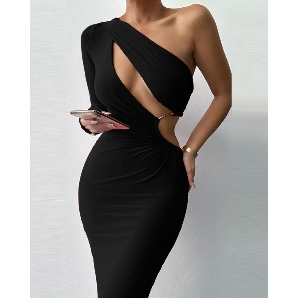 One Shoulder Cutout Party Dress性感单肩长袖露腰紧身连衣裙