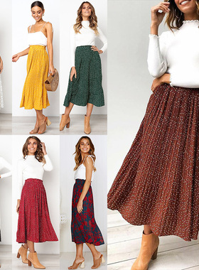 Women polka dot pocket pleated skirt long skirt女波点百褶裙