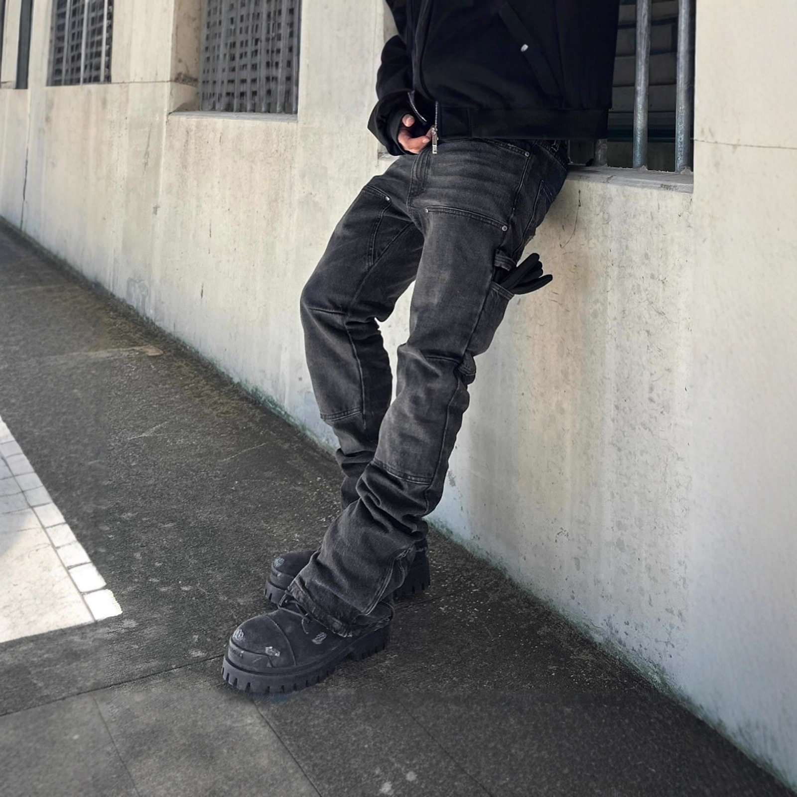 Men's black slim fit elastic multi pocket jeans男弹力牛仔裤