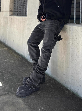 Men's black slim fit elastic multi pocket jeans男弹力牛仔裤